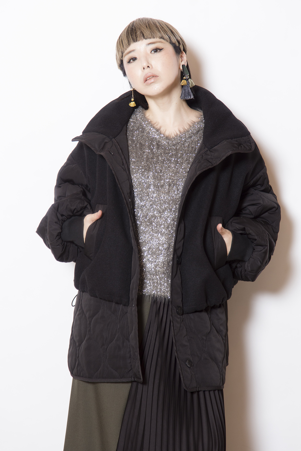 キルティングレイヤードショートコート着用画像