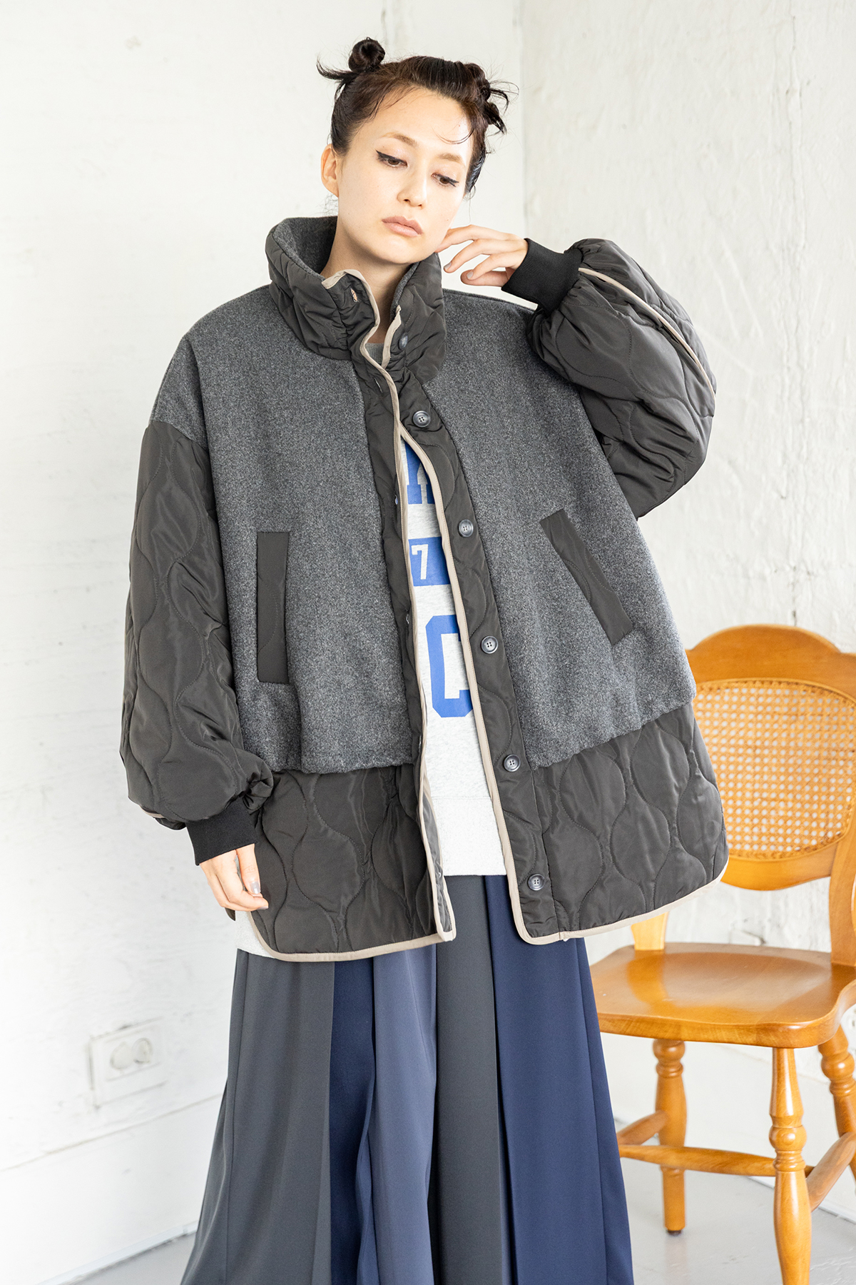 キルティングレイヤードショートコート着用画像
