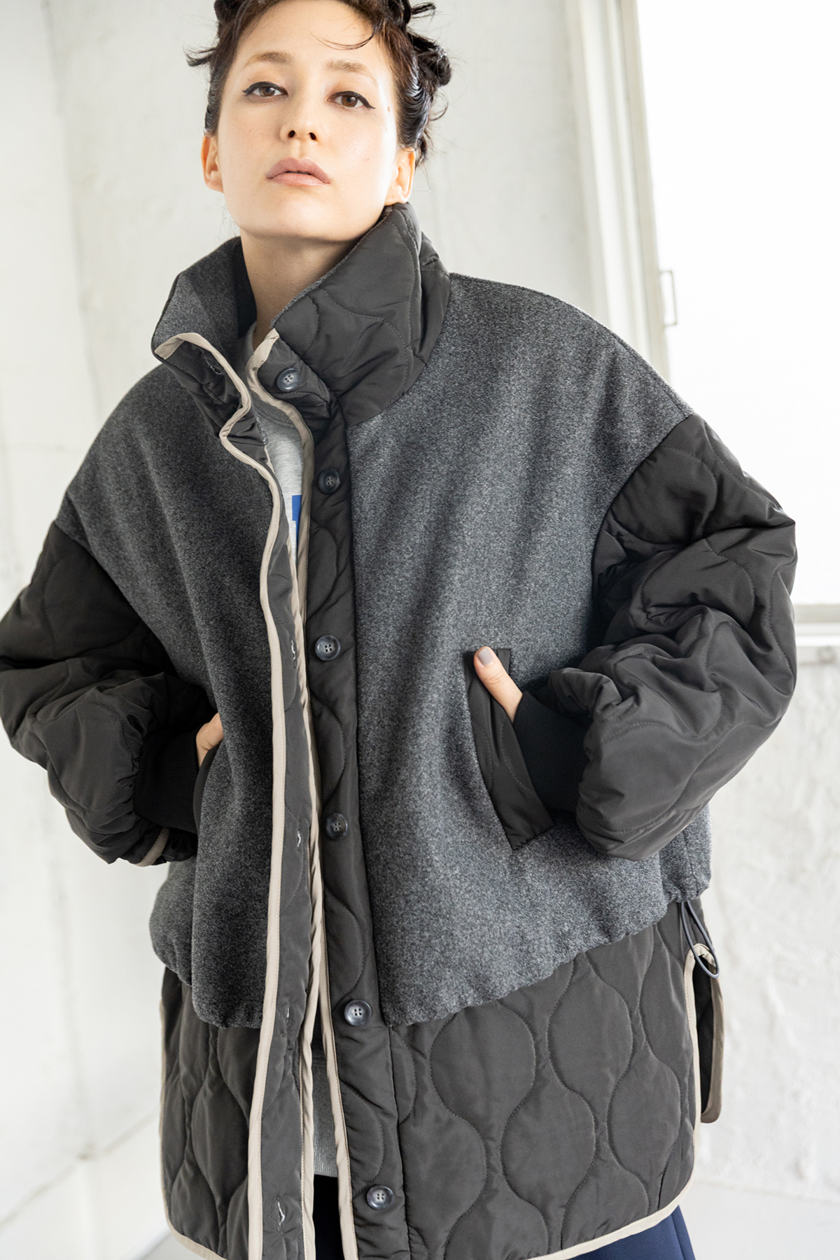 キルティングレイヤードショートコート着用画像