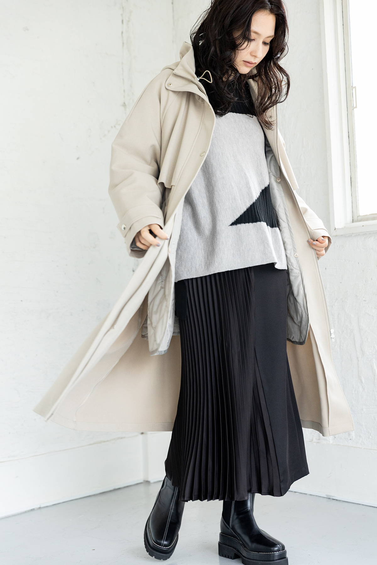 ライナー付フーデッドコート着用画像