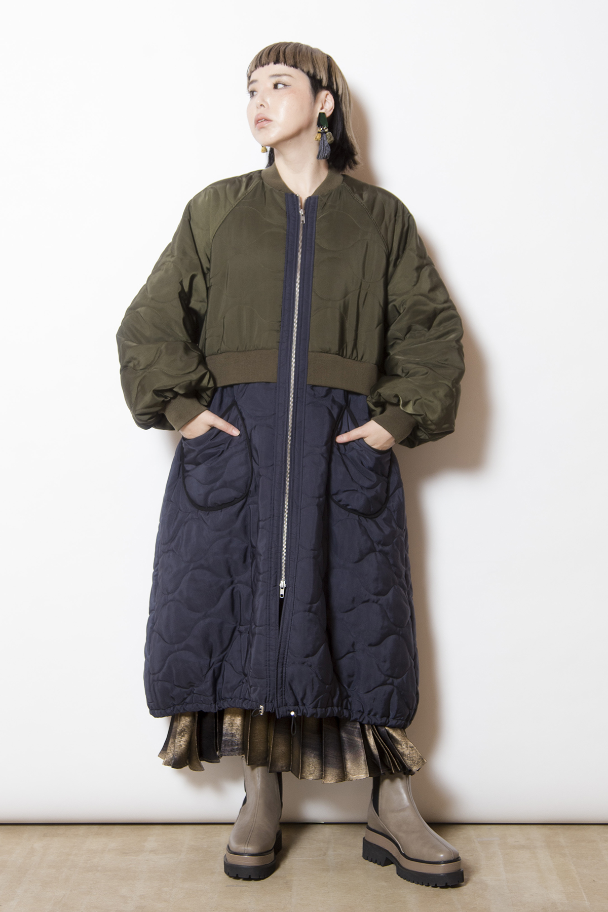 キルティングロングブルゾン着用画像