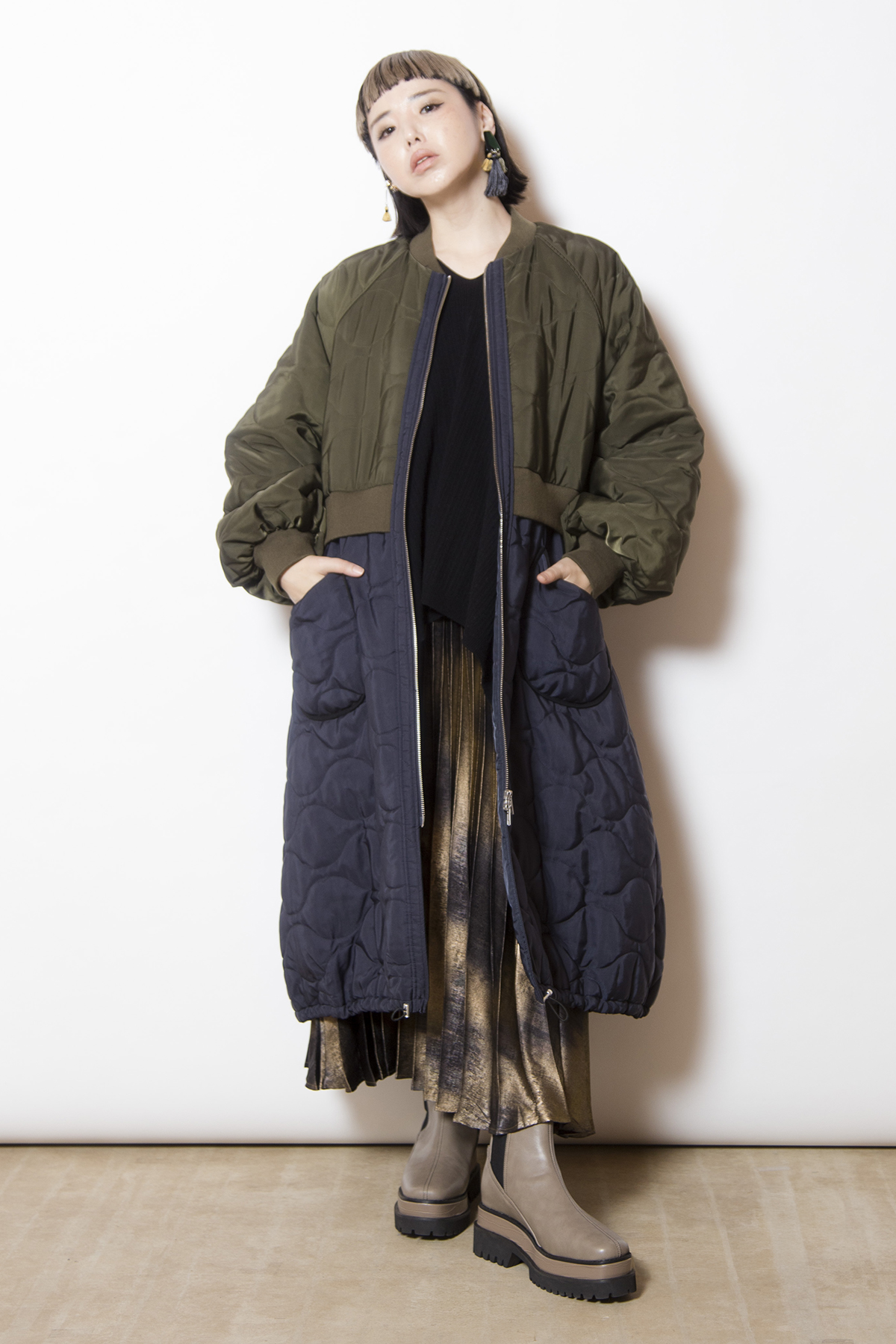 キルティングロングブルゾン着用画像