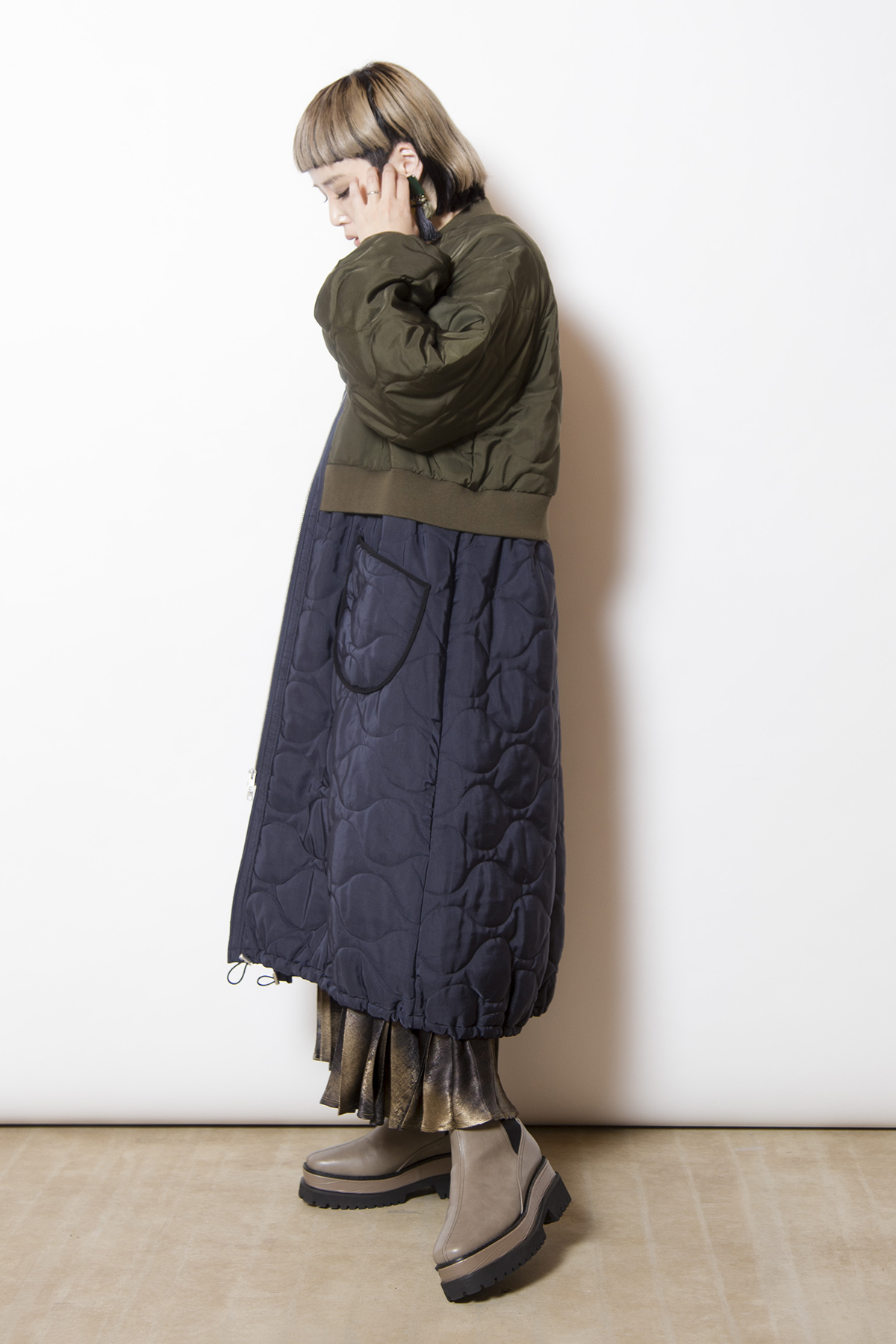 キルティングロングブルゾン着用画像