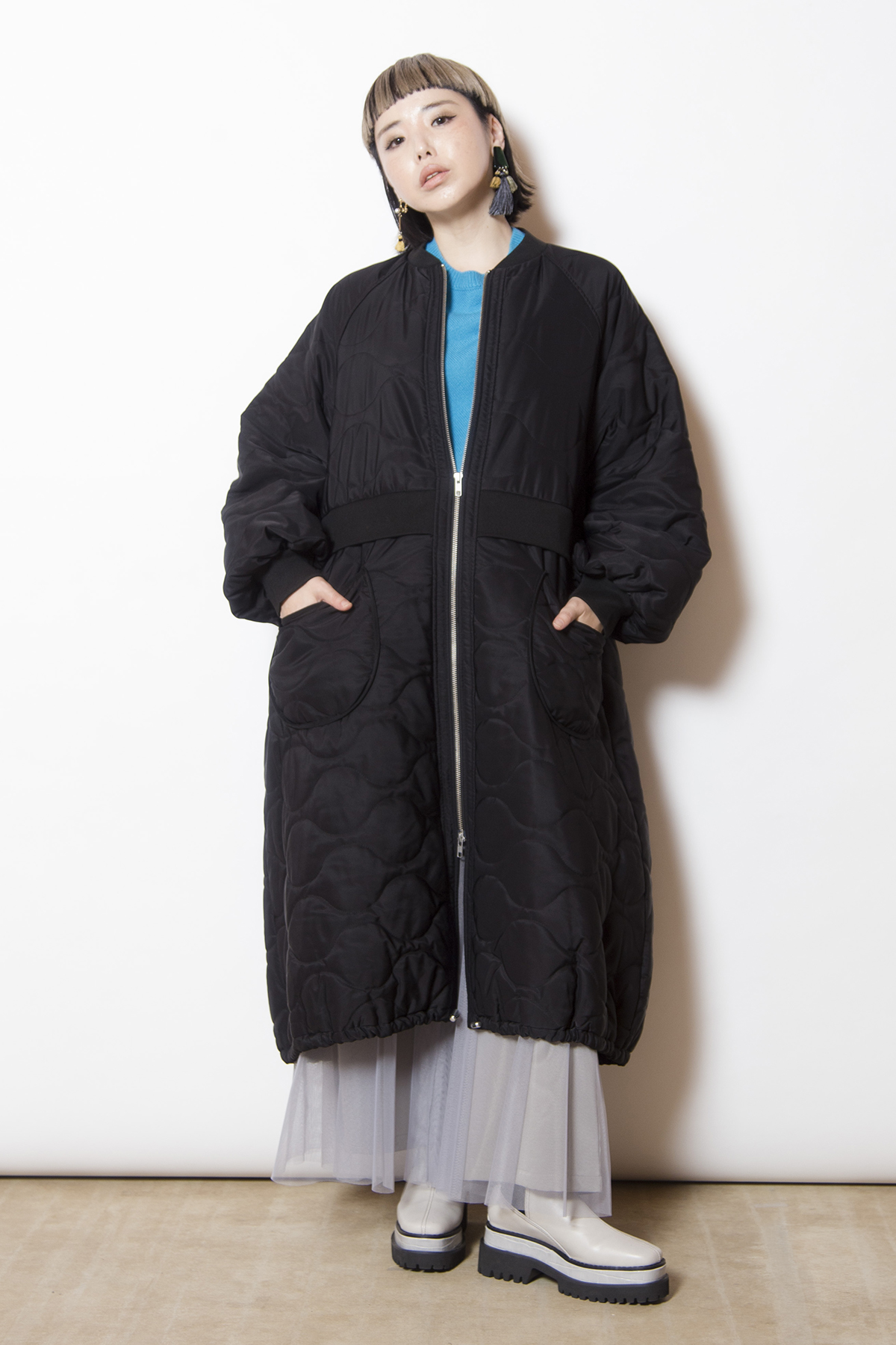 キルティングロングブルゾン着用画像