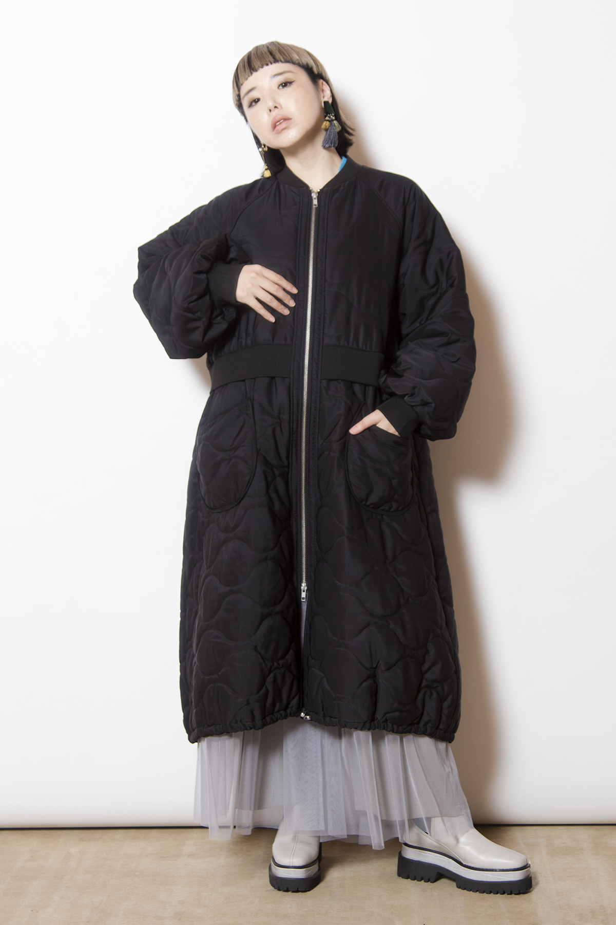 キルティングロングブルゾン着用画像