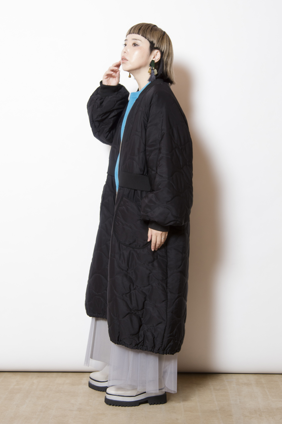 キルティングロングブルゾン着用画像