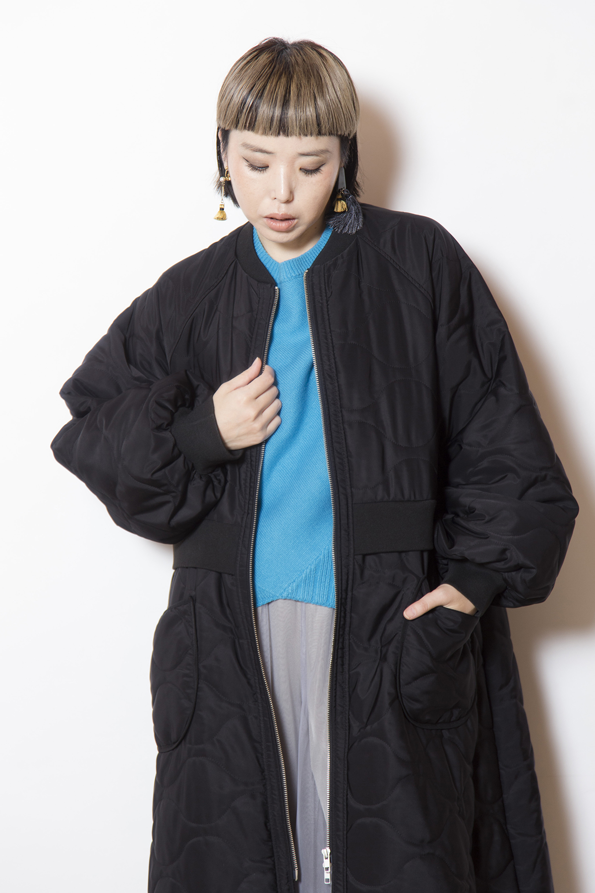 キルティングロングブルゾン着用画像